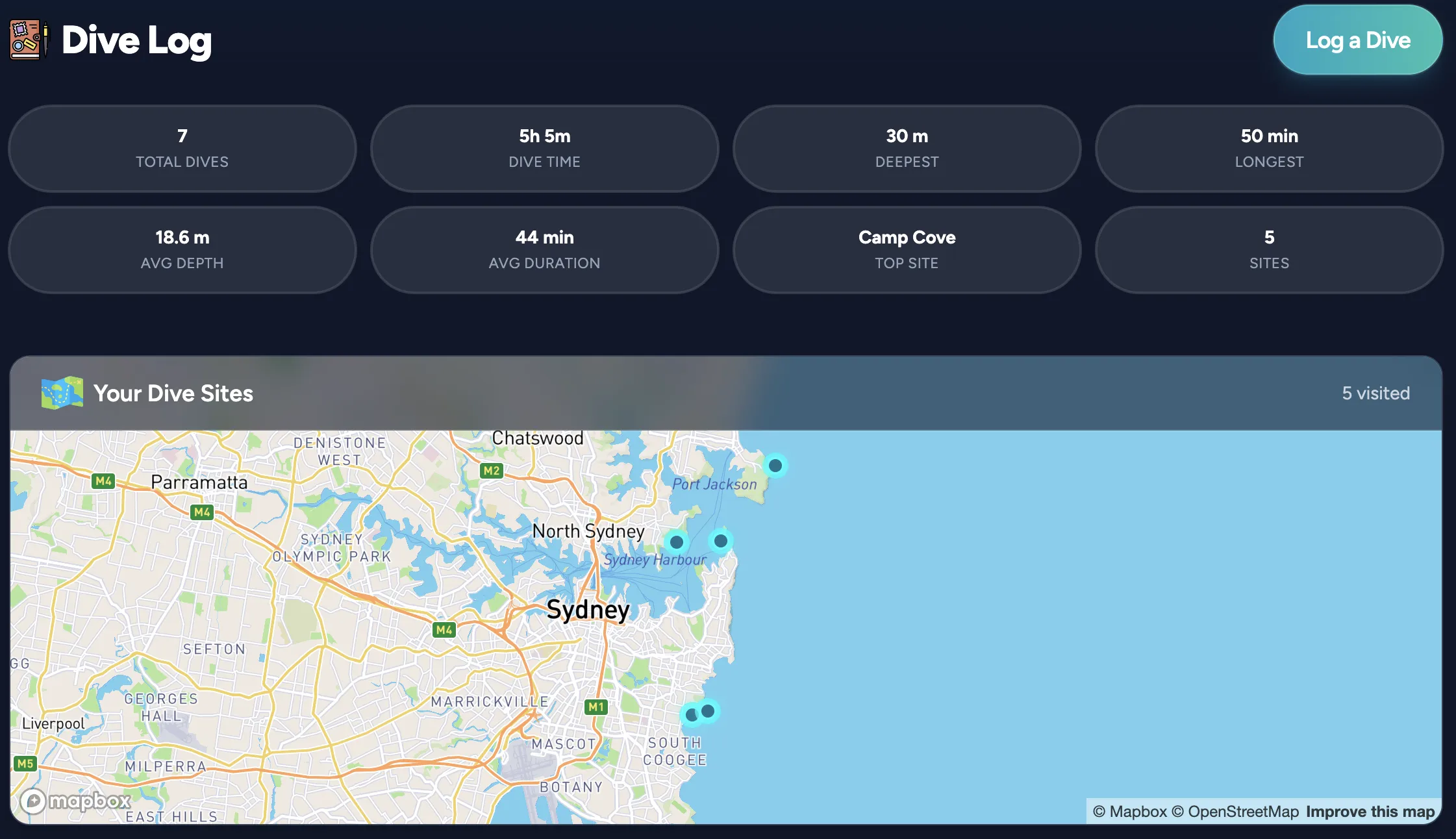 Dive log interface showing recorded dives