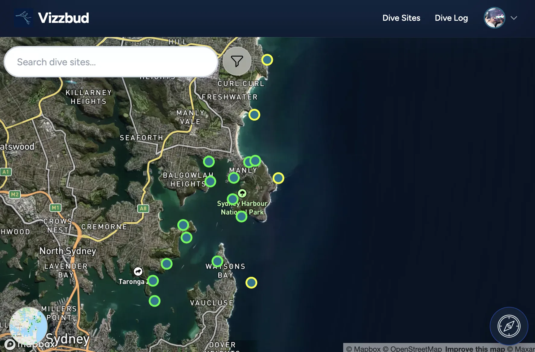 Dive map showing coloured dive sites