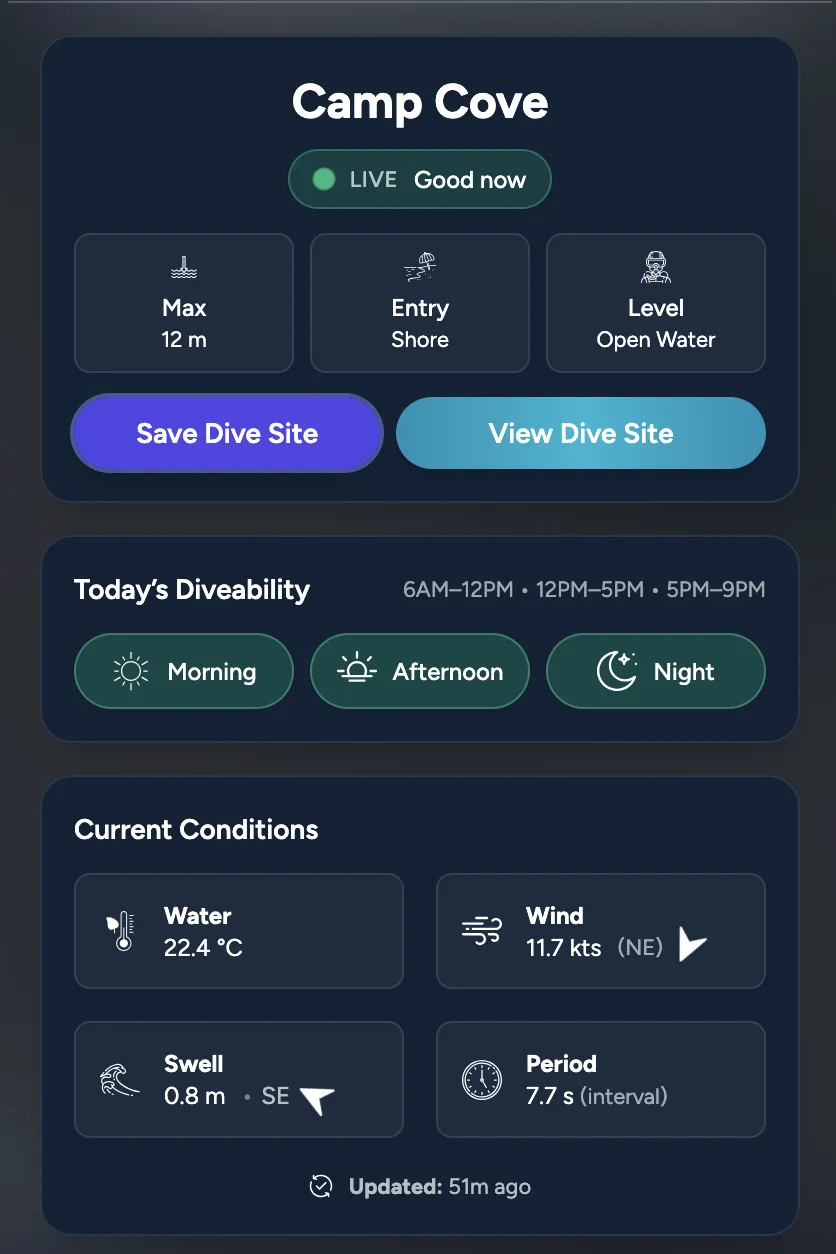 Quick dive site information preview card